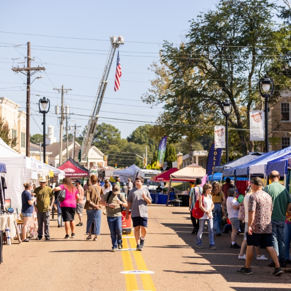 dozens of people walking on the street of a festival