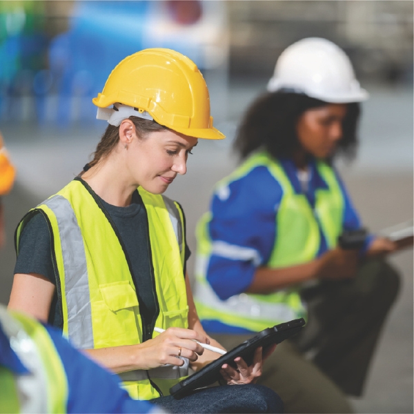 Female construction workers in a hard hats looking at information on a tablet.