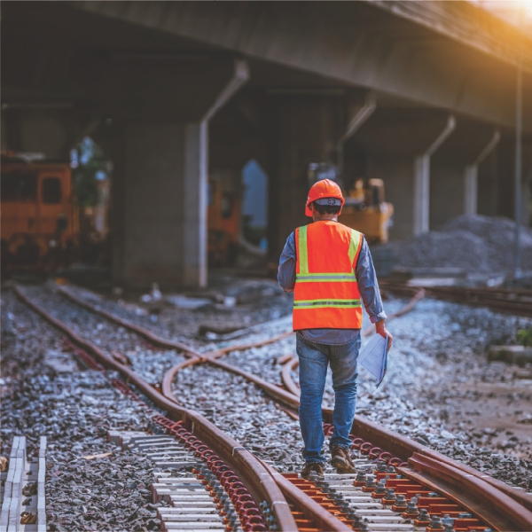 Construction worker in safety gear walking along railway tracks.